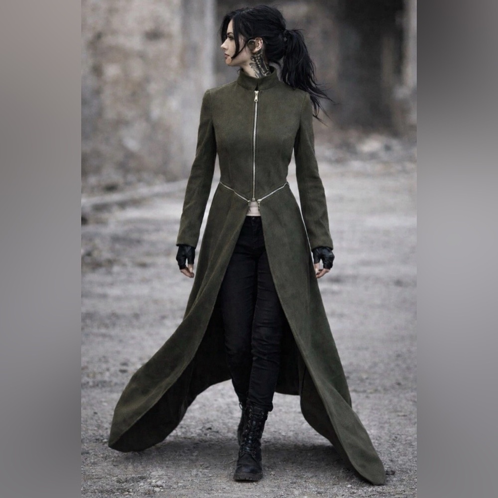 Gothic Punk Military Long Coat Jacket Small Olive Green Convertible Cosplay